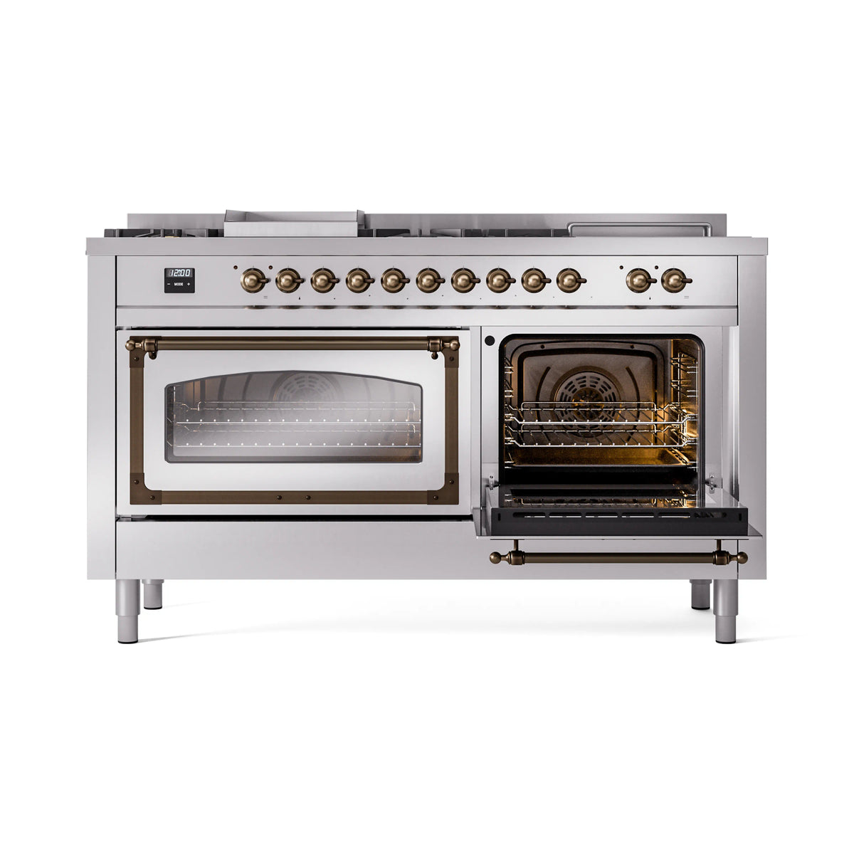 Stainless steel range with dual ovens, left window open, bronze-trimmed door frames