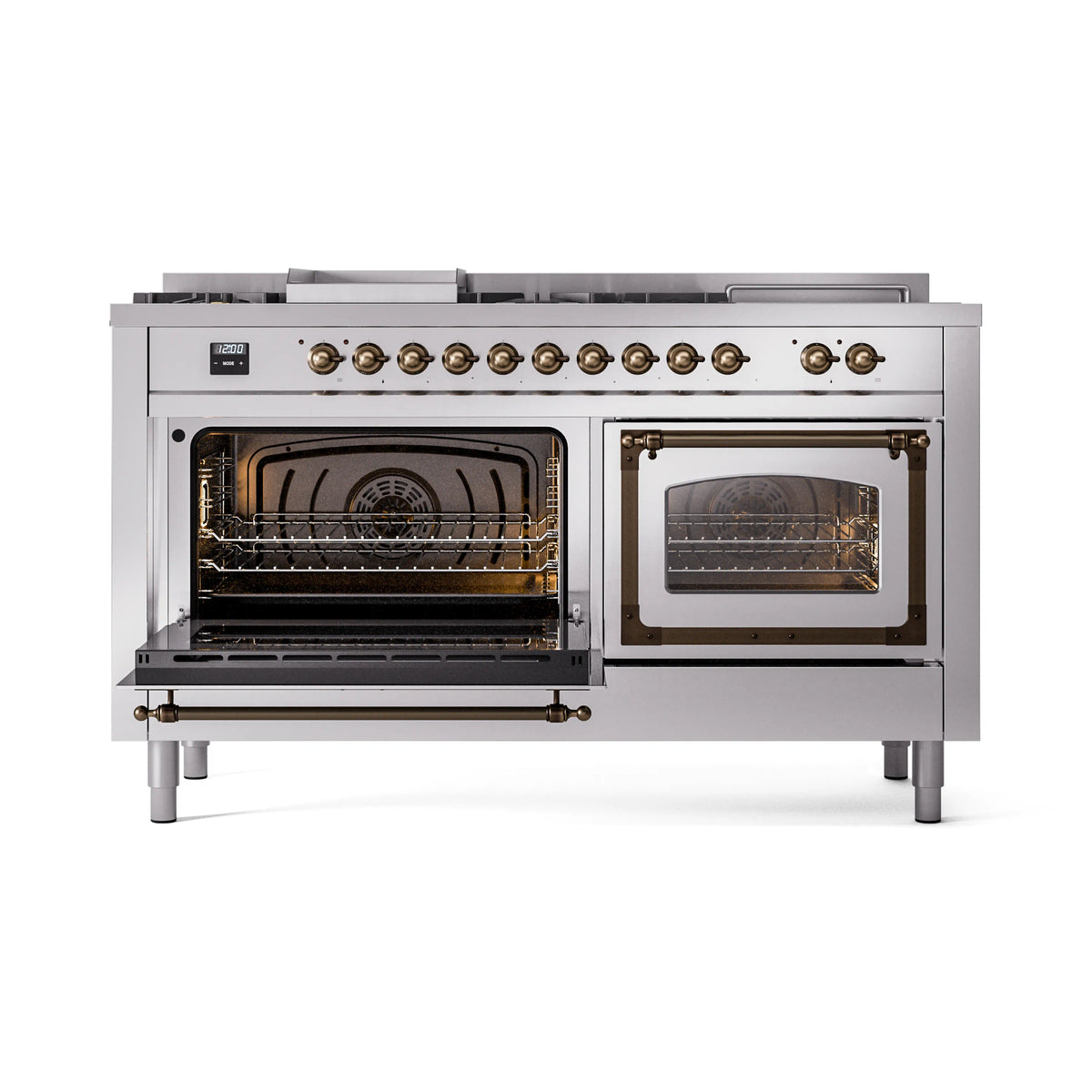 Stainless steel range with left oven open, right oven glass door closed, bronze trim