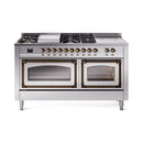 ILVE 60-Inch Nostalgie II Noblesse Propane Gas Dual Fuel Range with 7 Sealed Burners, Griddle, French Top, and Triple Glass Door Oven in Stainless Steel with Bronze Trim (UN60FSNMPSSBLP)