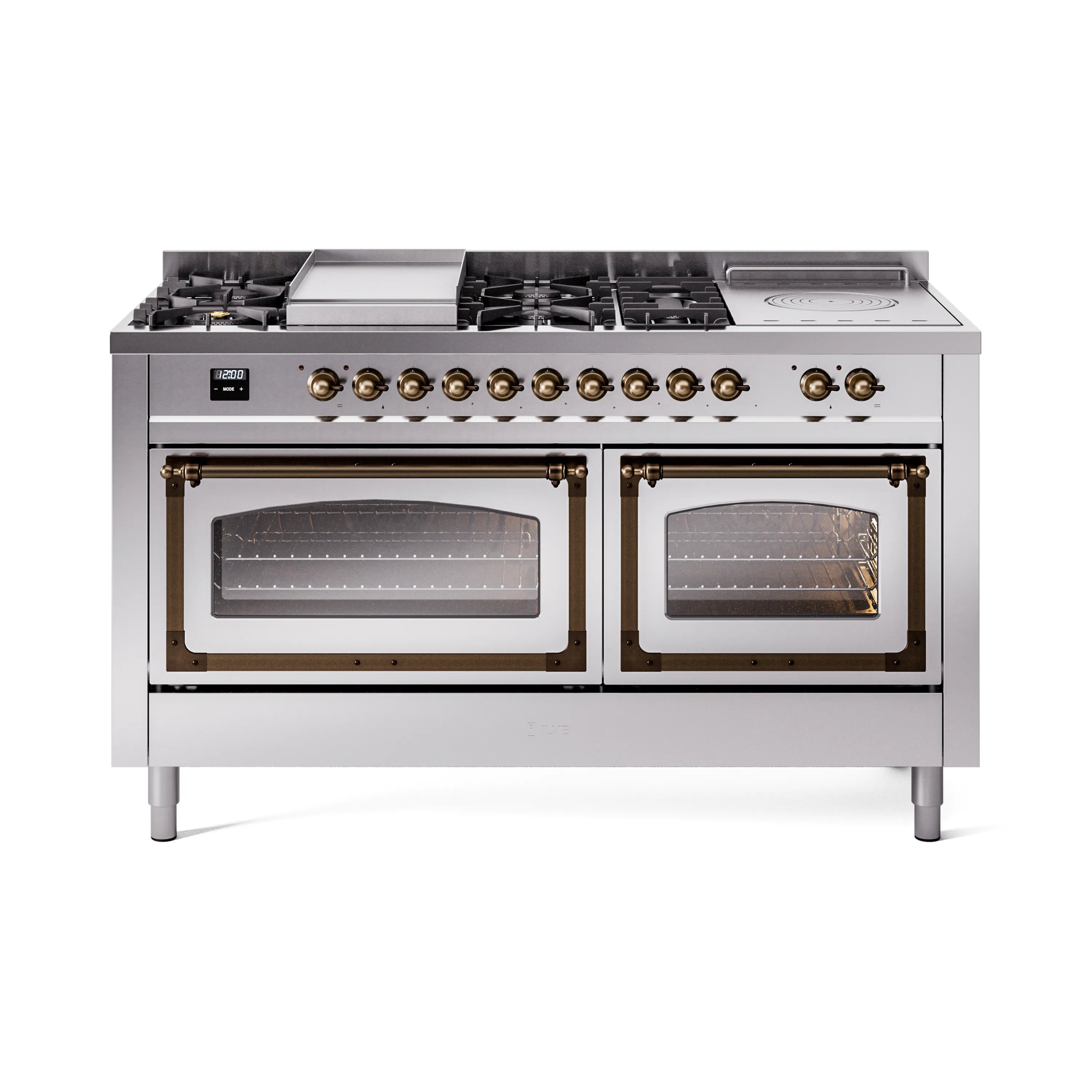 ILVE stainless steel dual-fuel range with two oven doors, bronze knobs, and sealed burners