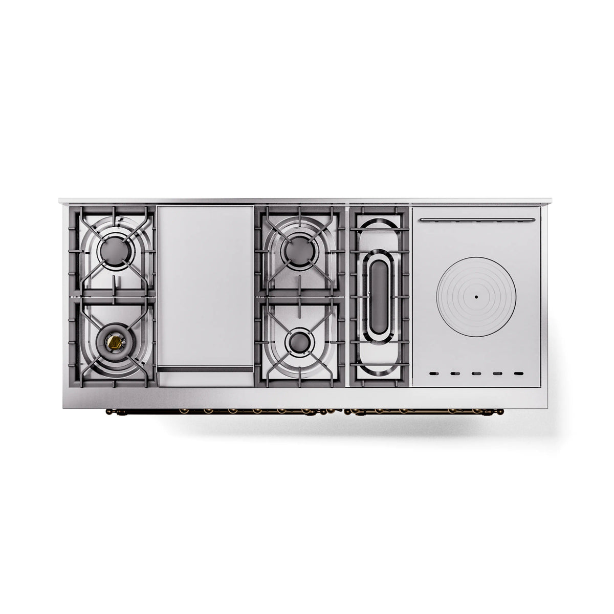 ILVE stainless steel dual-fuel range underside view with burners and side controls