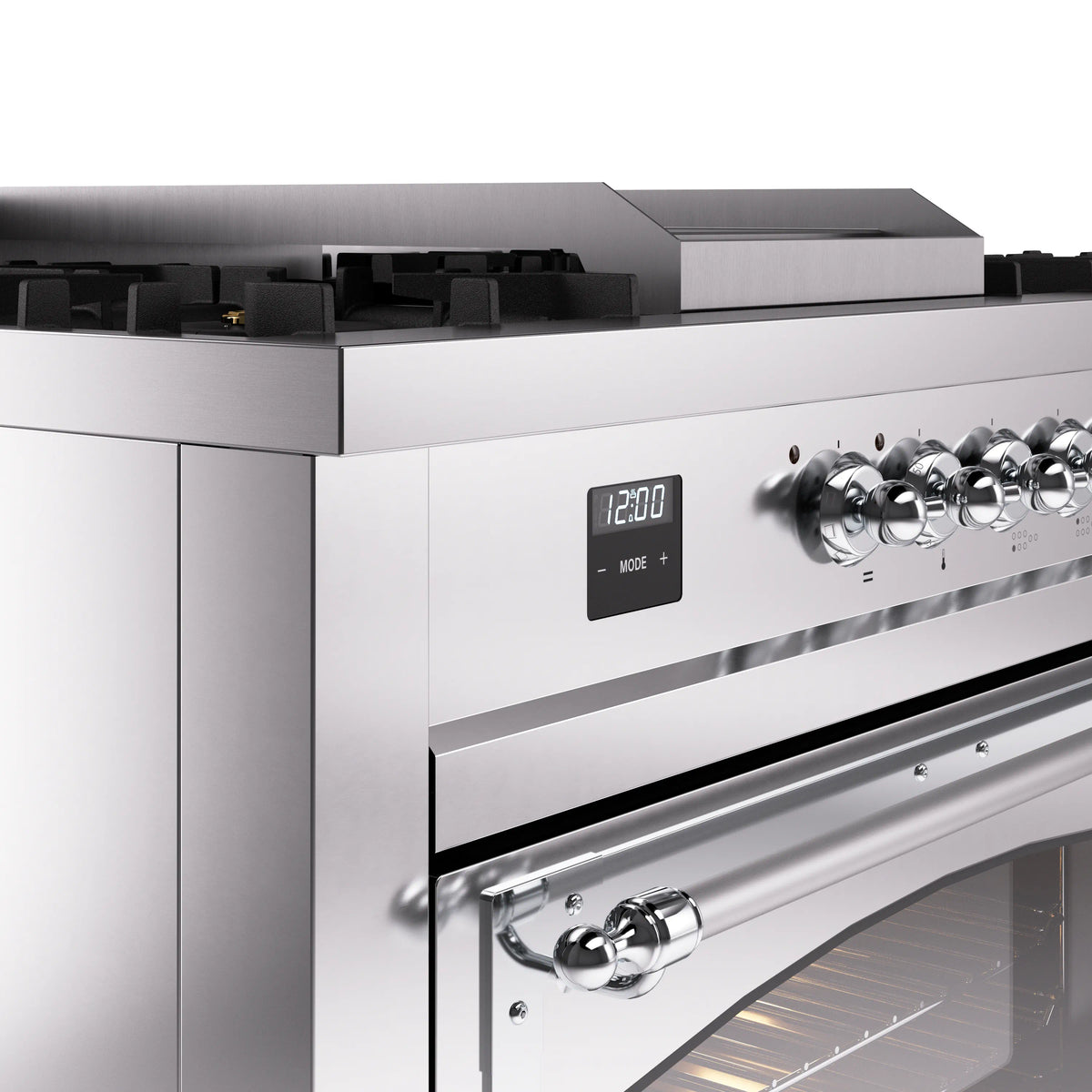 Stainless steel control panel with clock display and chrome burner knobs on gas range