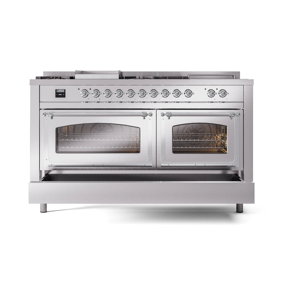 Stainless steel dual fuel range with two oven doors and top burner controls