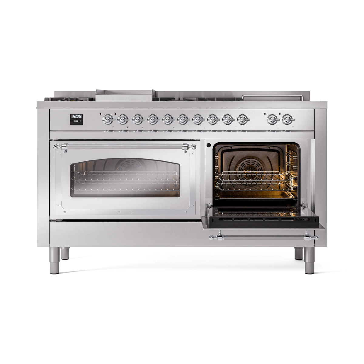 Stainless steel range with left oven door closed and right oven door open