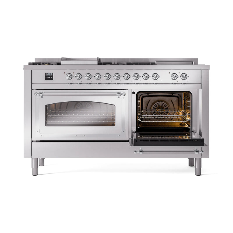 ILVE 60-Inch Nostalgie II Noblesse Dual Fuel Range with 7 Sealed Burners, Griddle, French Top, and Triple Glass Door Oven in Stainless Steel with Chrome Trim (UN60FSNMPSSC)