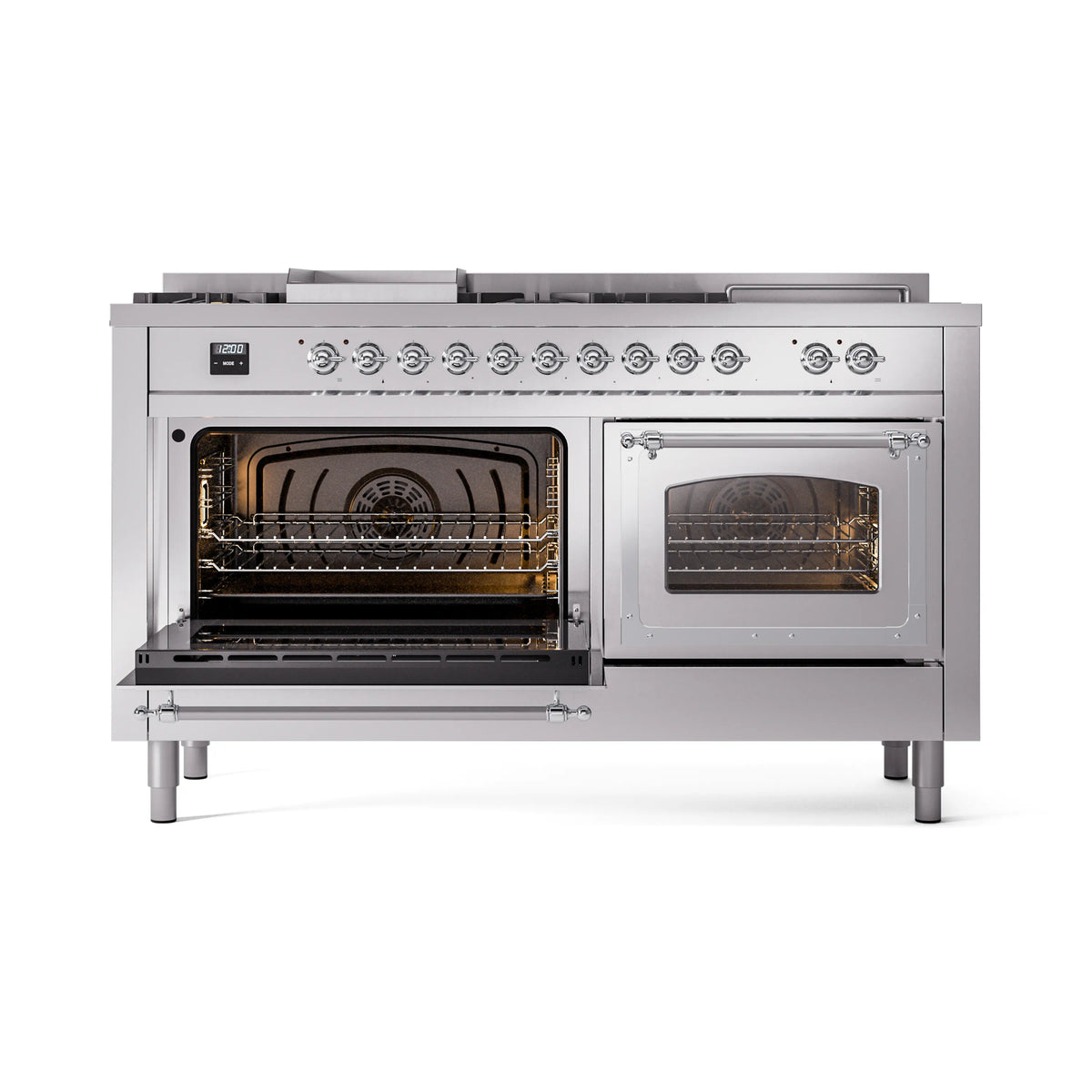 Stainless steel gas range with both ovens open, revealing broil/heat elements and racks
