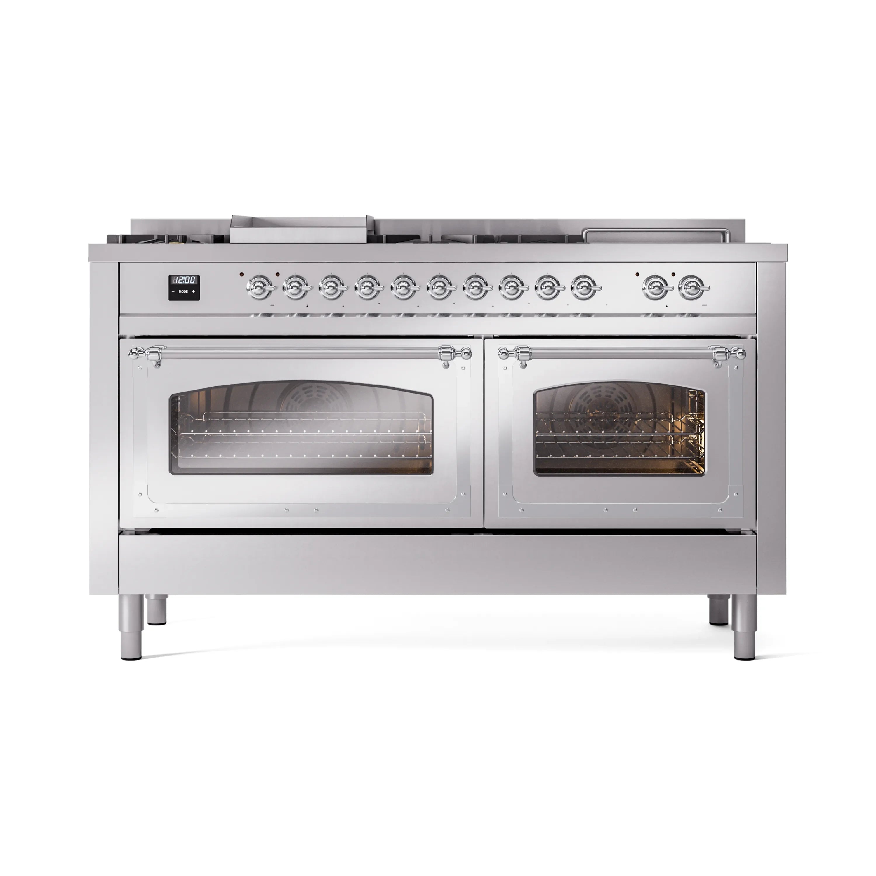 Stainless steel dual fuel range with two oven windows and front control knobs