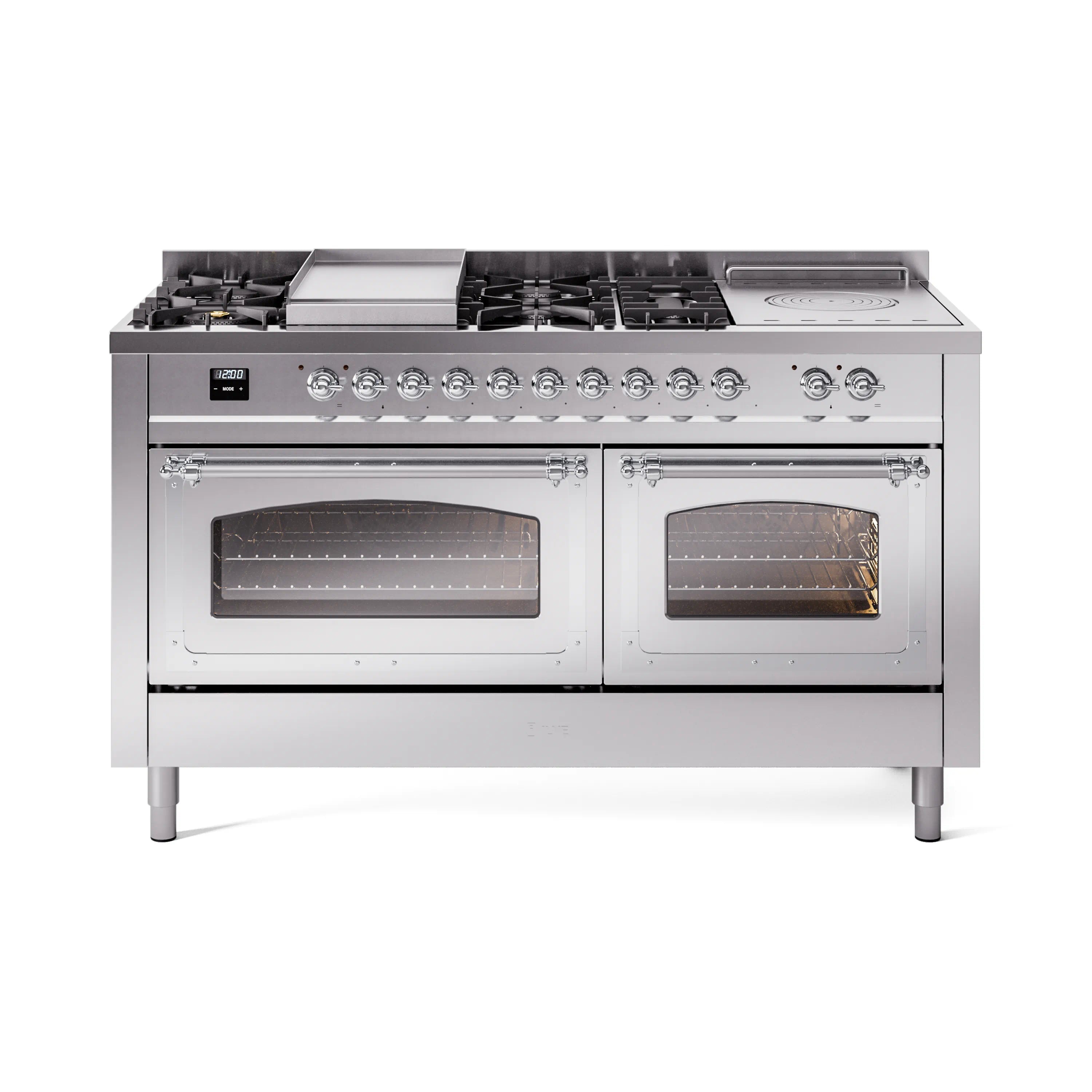 Stainless steel dual fuel range with two glass-oven doors and front control knobs