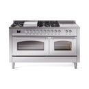 ILVE 60-Inch Nostalgie II Noblesse Natural Gas Dual Fuel Range with 7 Sealed Burners, Griddle, French Top, and Triple Glass Door Oven in Stainless Steel with Chrome Trim (UN60FSNMPSSC)