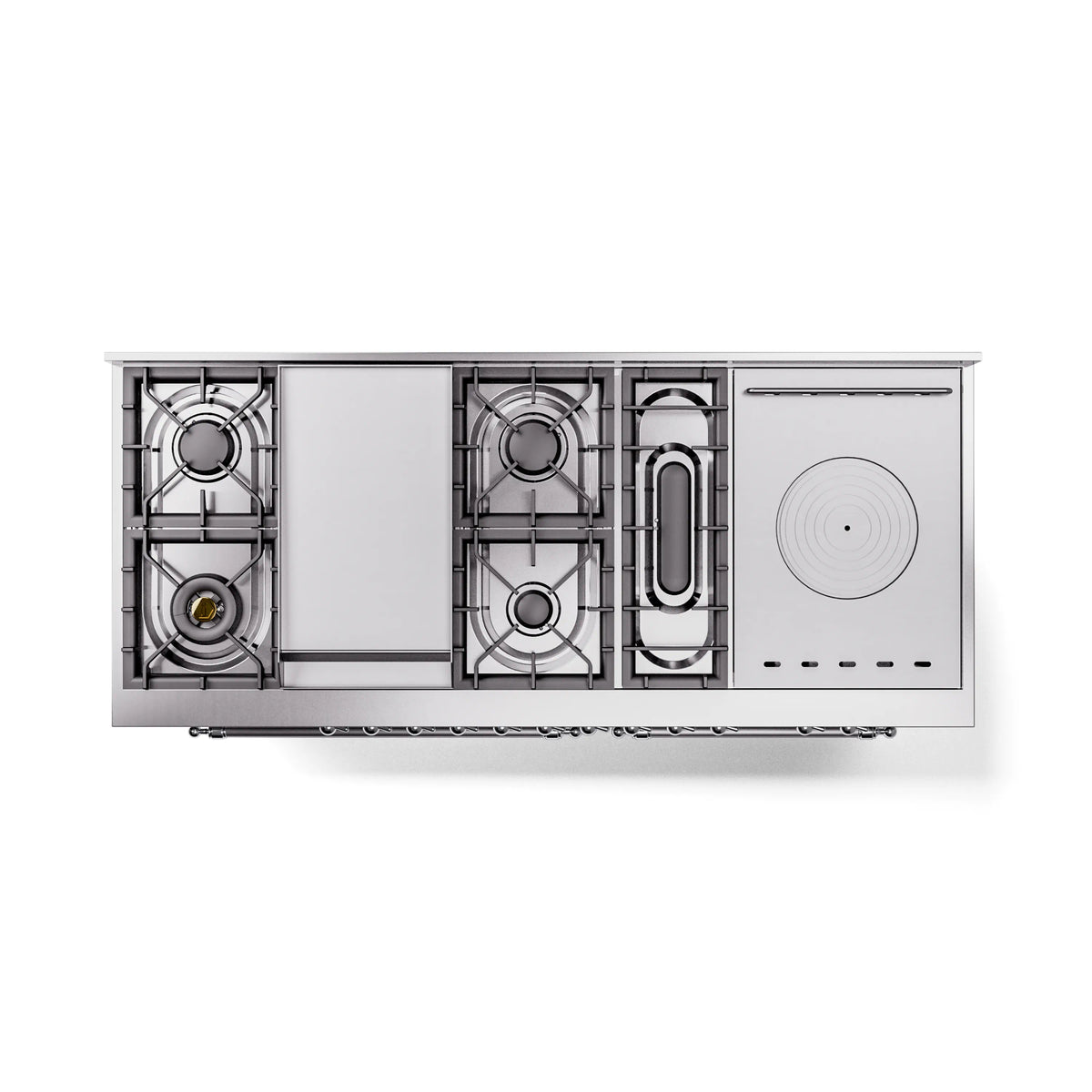Stainless steel gas range underside view showing burner compartments and cooktop layout