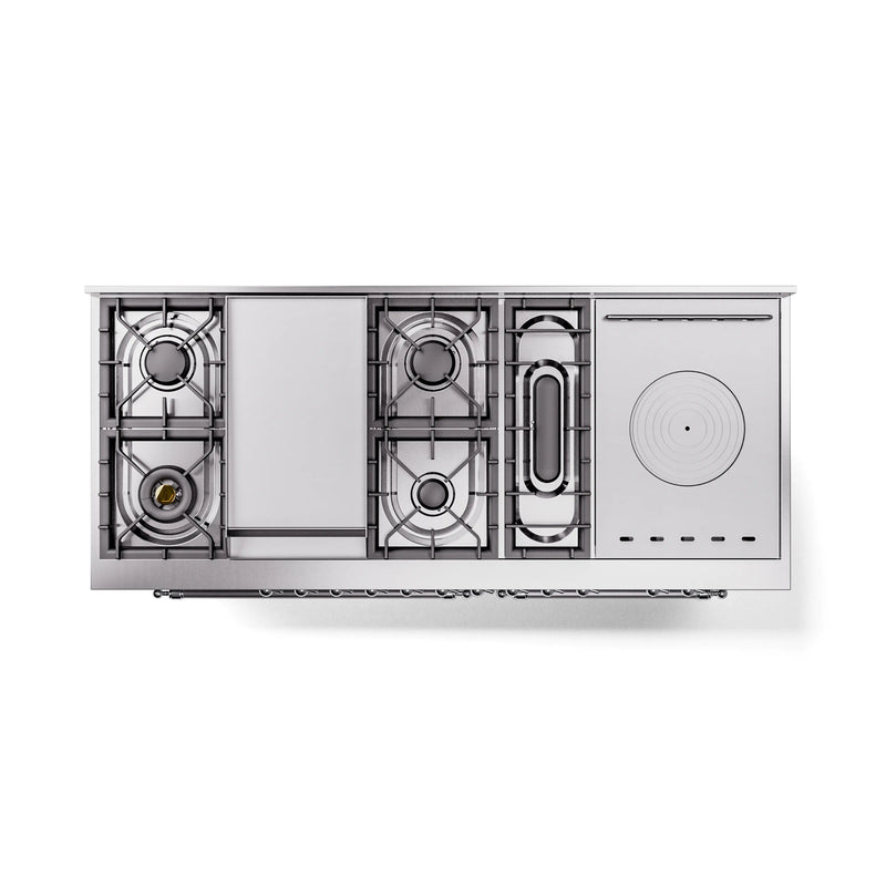 ILVE 60-Inch Nostalgie II Noblesse Dual Fuel Range with 7 Sealed Burners, Griddle, French Top, and Triple Glass Door Oven in Stainless Steel with Chrome Trim (UN60FSNMPSSC)