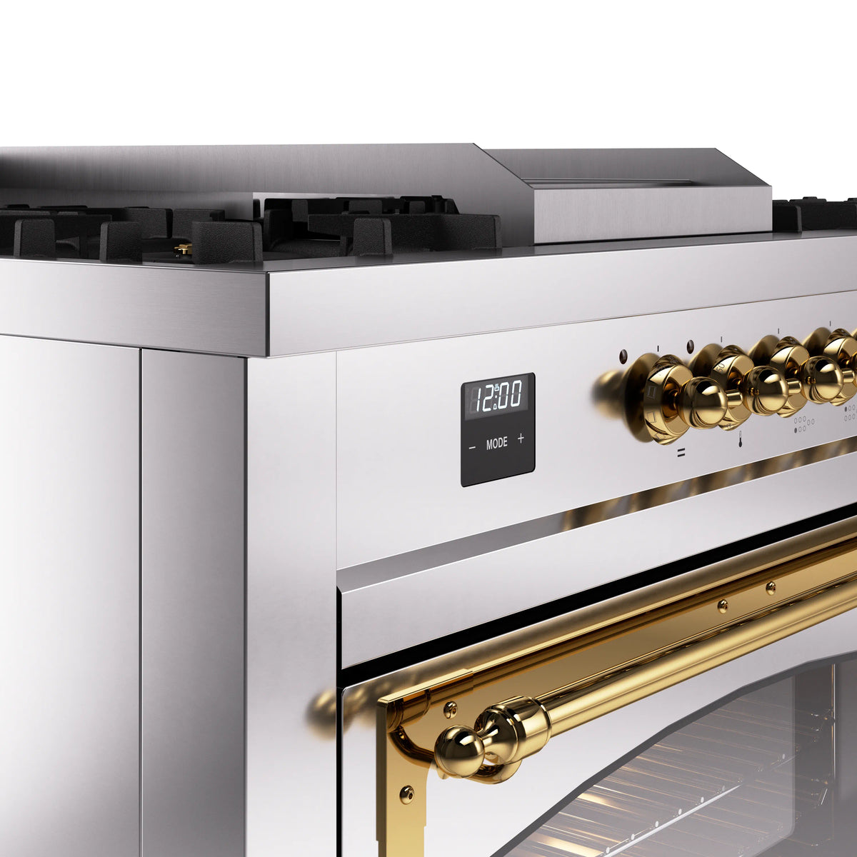 Dual fuel range control panel close-up with brass handle and digital display