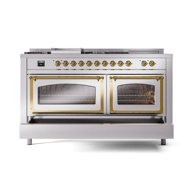 ILVE 60-Inch Nostalgie II Noblesse Dual Fuel Range with 7 Sealed Burners, Griddle, French Top, and Triple Glass Door Oven in Stainless Steel with Brass Trim (UN60FSNMPSSG)