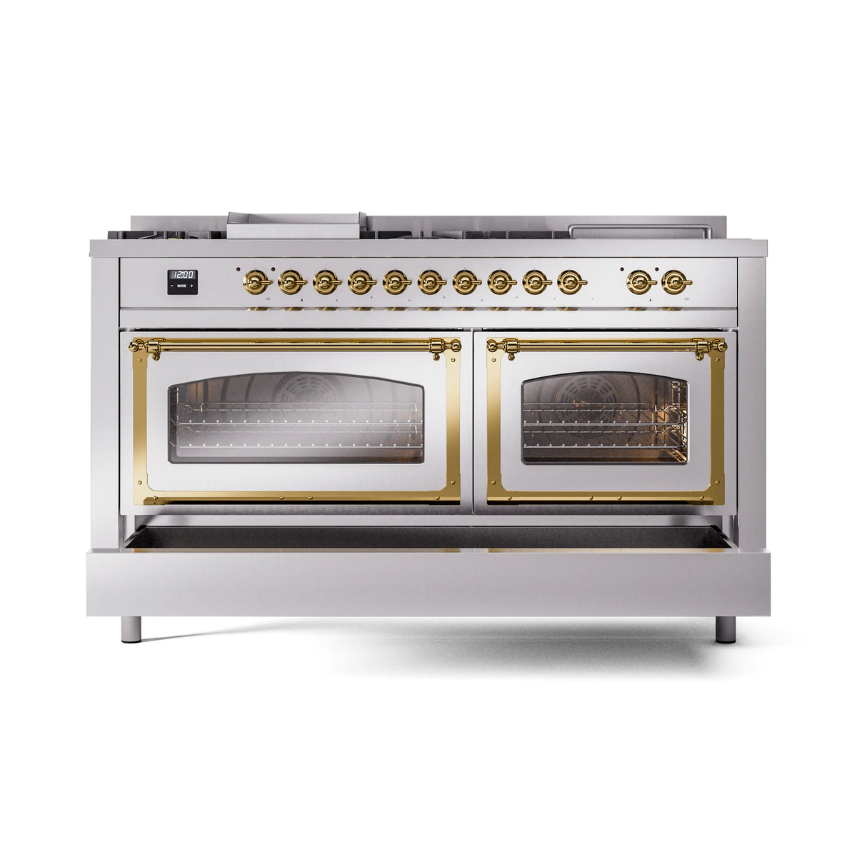 Stainless steel dual fuel range with two brass-trimmed glass oven doors