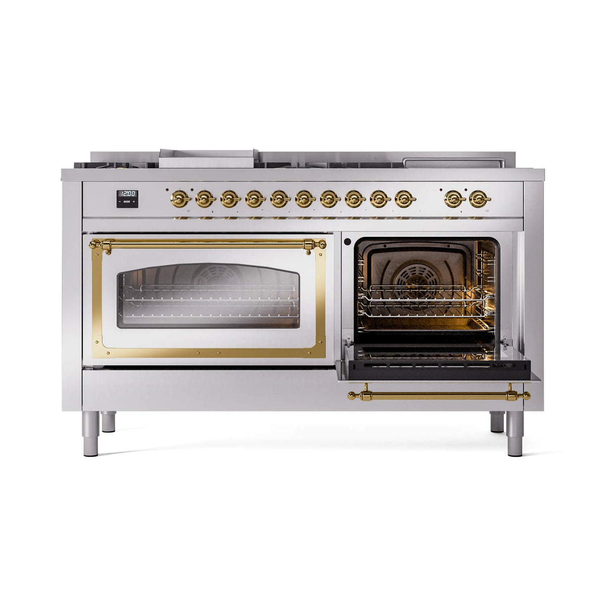 Stainless steel dual fuel range with left oven door open and brass trim