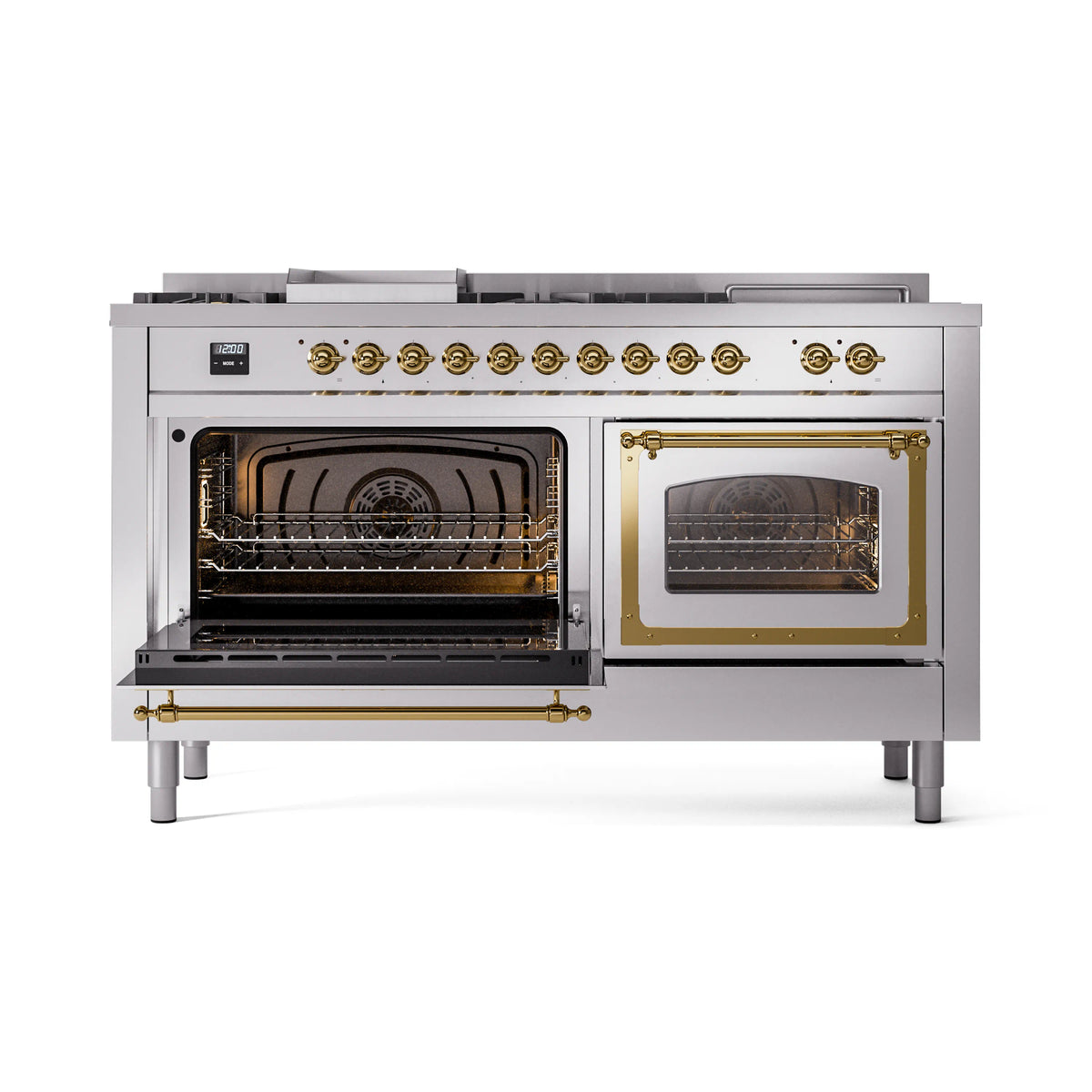 Dual fuel range with both oven compartments open, showing heating elements and racks