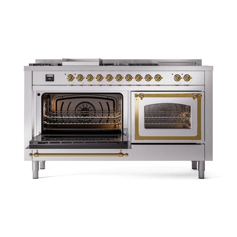 ILVE 60-Inch Nostalgie II Noblesse Dual Fuel Range with 7 Sealed Burners, Griddle, French Top, and Triple Glass Door Oven in Stainless Steel with Brass Trim (UN60FSNMPSSG)