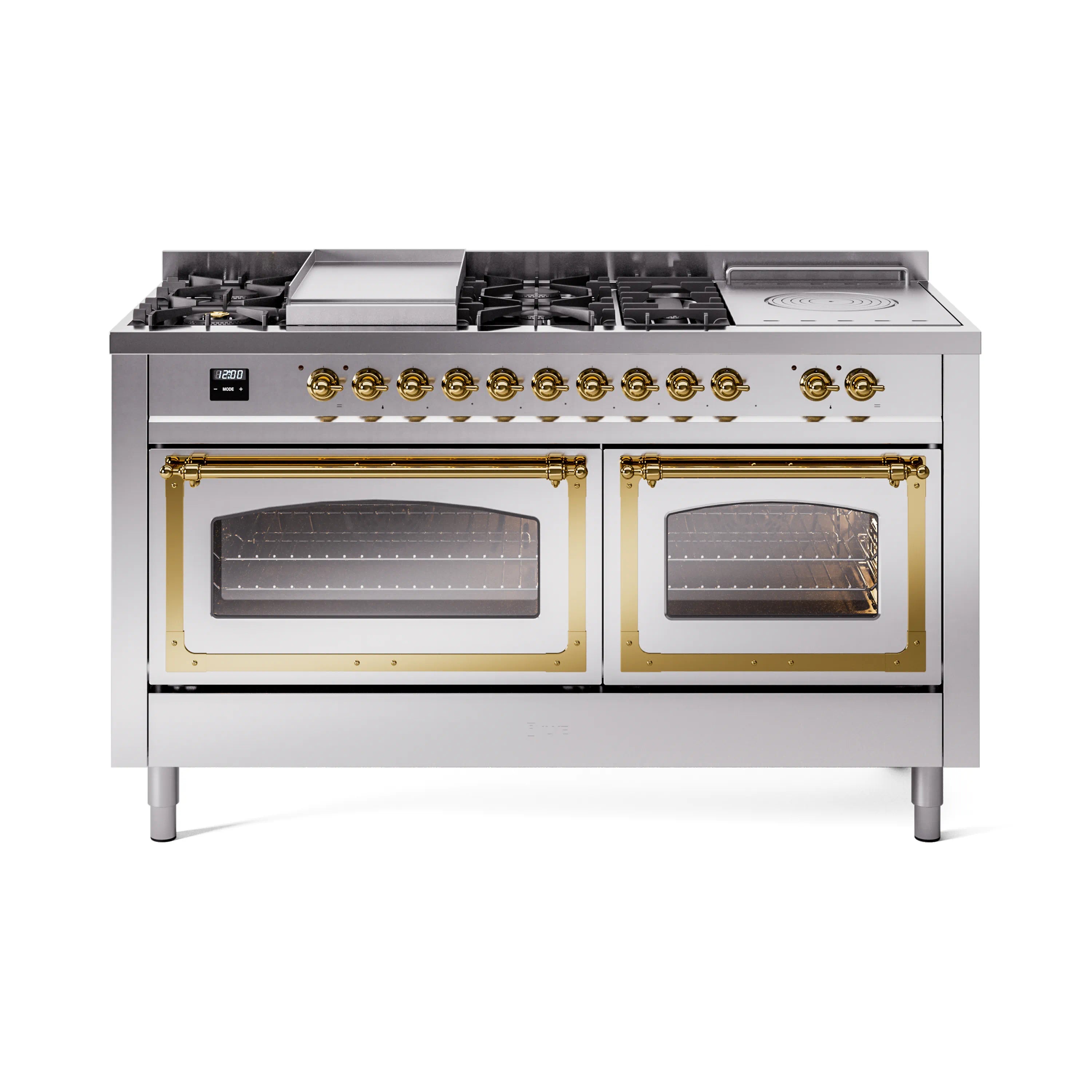 Stainless steel dual fuel range with brass-trimmed double oven doors and control knobs