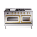 ILVE 60-Inch Nostalgie II Noblesse Propane Gas Dual Fuel Range with 7 Sealed Burners, Griddle, French Top, and Triple Glass Door Oven in Stainless Steel with Brass Trim (UN60FSNMPSSGLP)