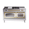 ILVE 60-Inch Nostalgie II Noblesse Propane Gas Dual Fuel Range with 7 Sealed Burners, Griddle, French Top, and Triple Glass Door Oven in Stainless Steel with Brass Trim (UN60FSNMPSSGLP)