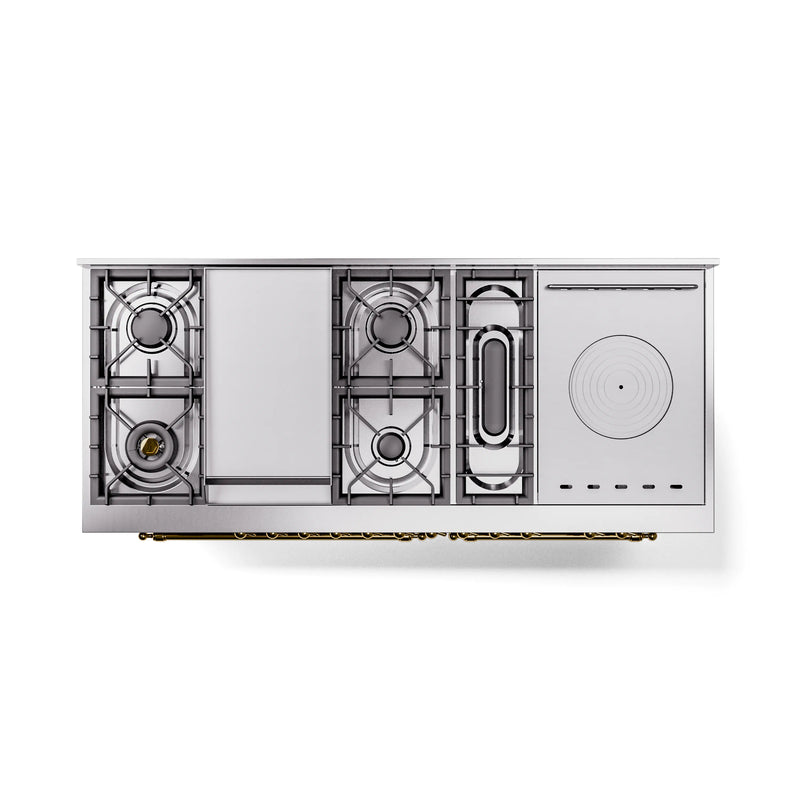 ILVE 60-Inch Nostalgie II Noblesse Dual Fuel Range with 7 Sealed Burners, Griddle, French Top, and Triple Glass Door Oven in Stainless Steel with Brass Trim (UN60FSNMPSSG)