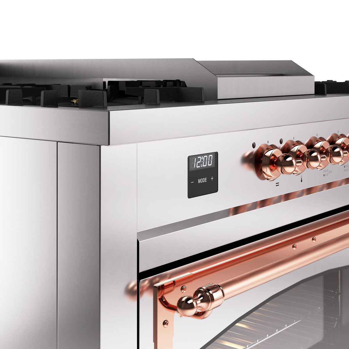 Stainless steel dual fuel range front control panel with digital display and copper knobs