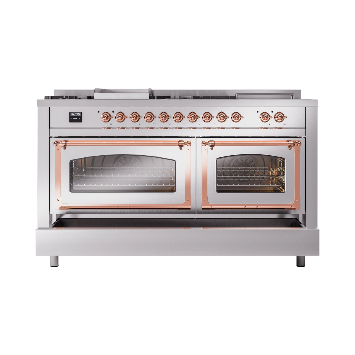 Stainless steel dual fuel range front with two oven doors and copper trim