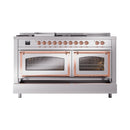 ILVE 60-Inch Nostalgie II Noblesse Natural Gas Dual Fuel Range with 7 Sealed Burners, Griddle, French Top and Triple Glass Door Oven in Stainless Steel with Copper Trim (UN60FSNMPSSP)