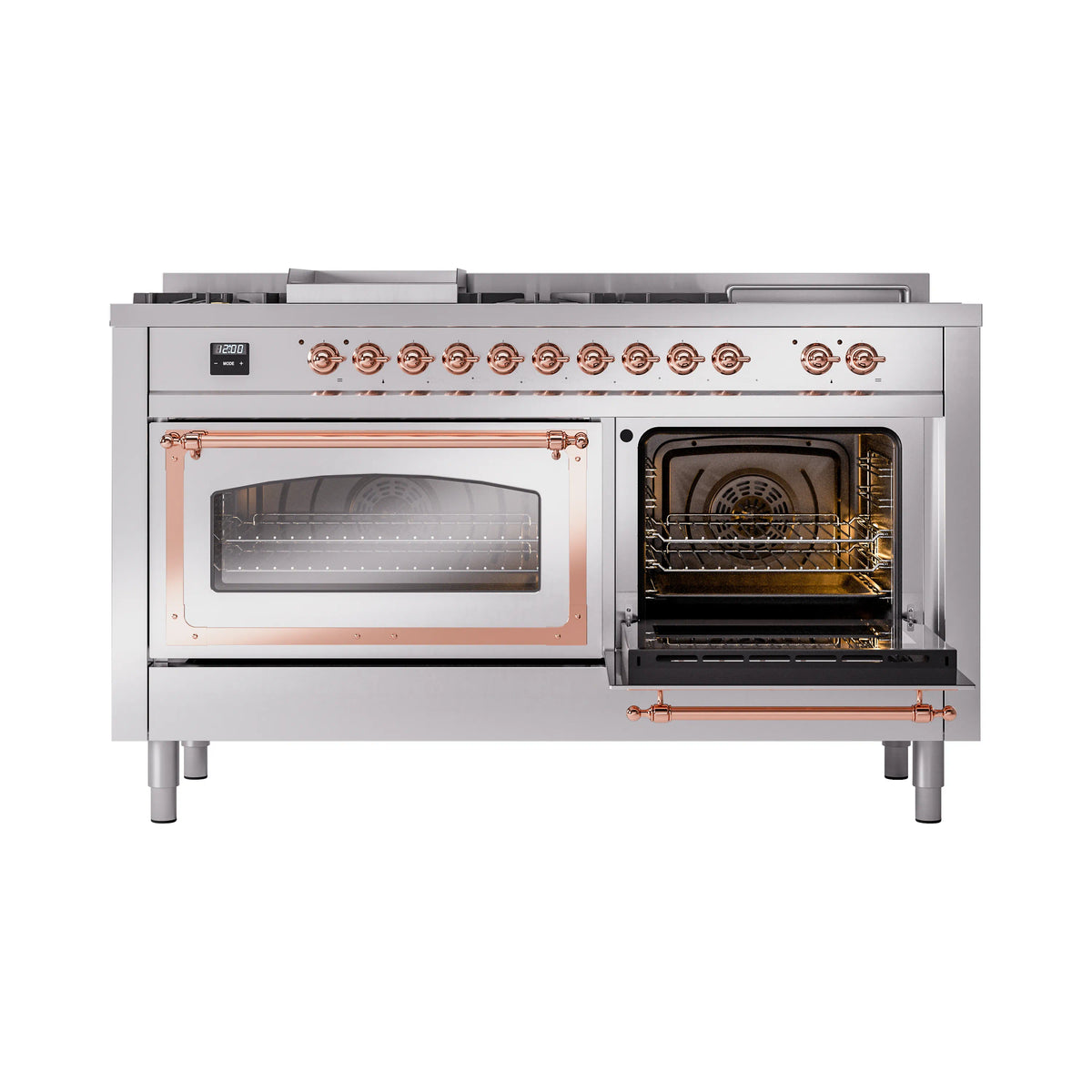 Stainless steel dual fuel range with one oven door open and copper-trim window