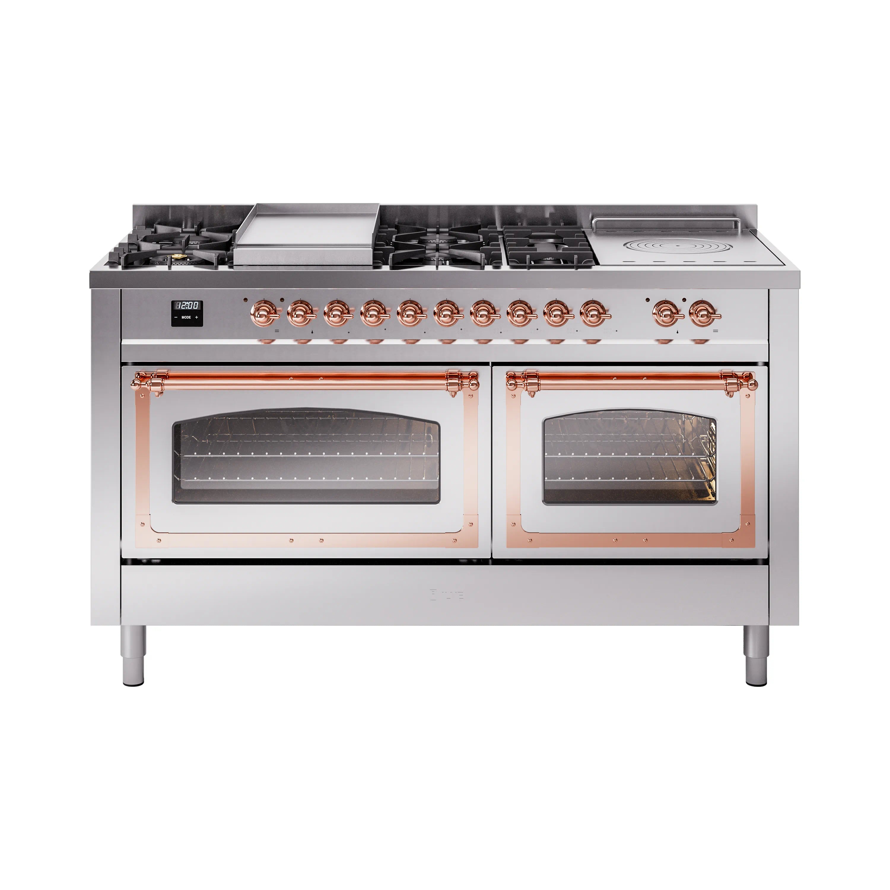 Stainless steel dual fuel range with two oven doors and copper-trimmed control knobs