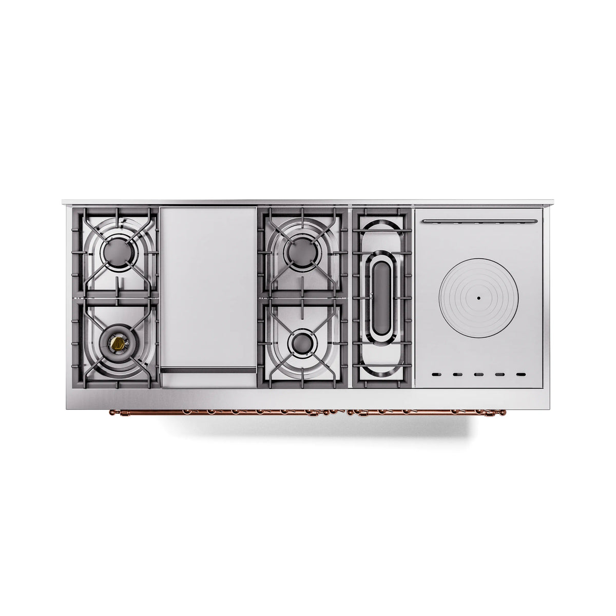 Stainless steel range with open burner access and copper details on the base