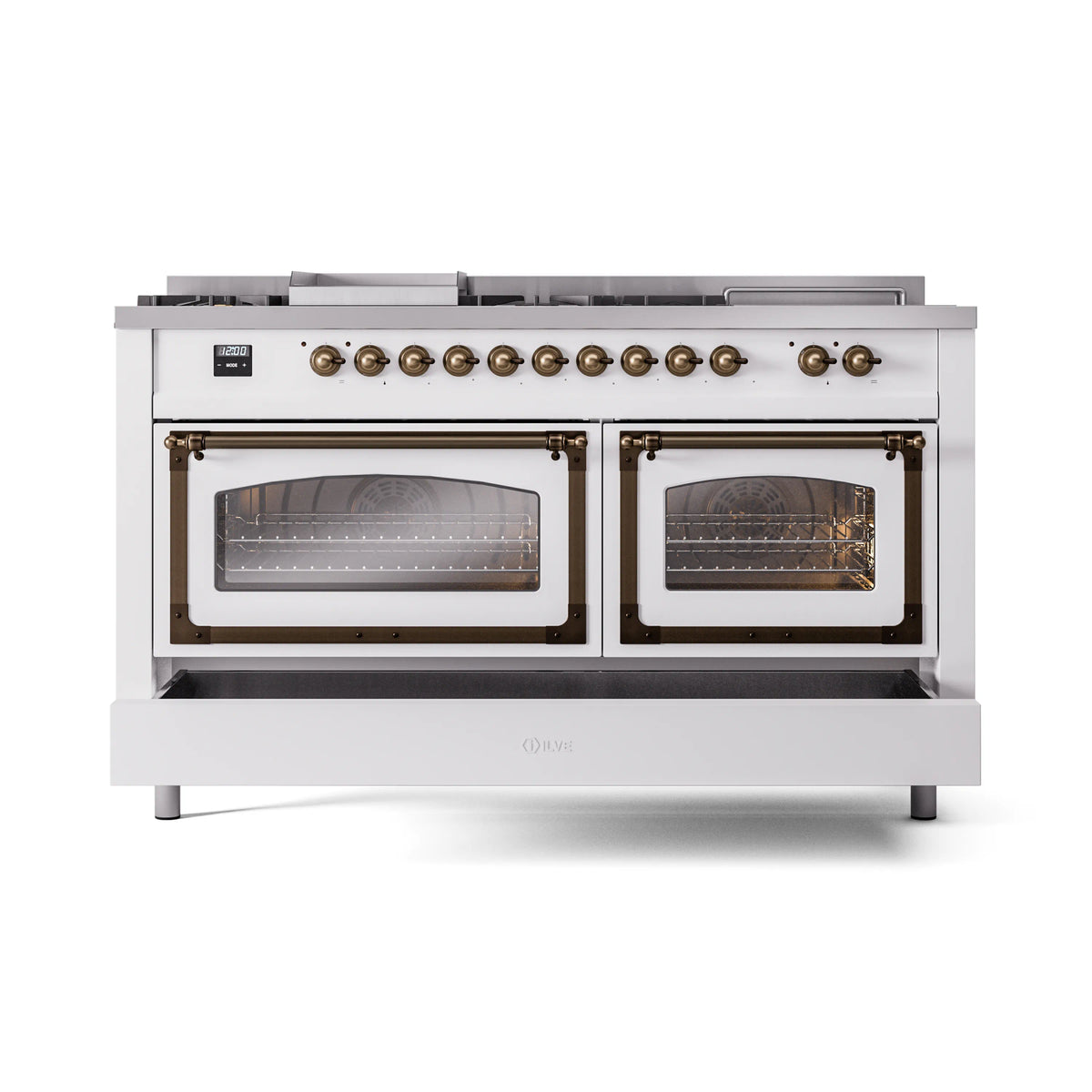 White dual-fuel range with bronze knobs and two glass oven doors