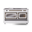 ILVE 60-Inch Nostalgie II Noblesse Natural Gas Dual Fuel Range with 7 Sealed Burners, Griddle, French Top and Triple Glass Door Oven in White with Bronze Trim (UN60FSNMPWHB)