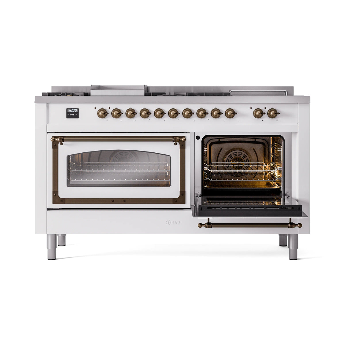 White dual-fuel range with left oven door closed and right oven door open
