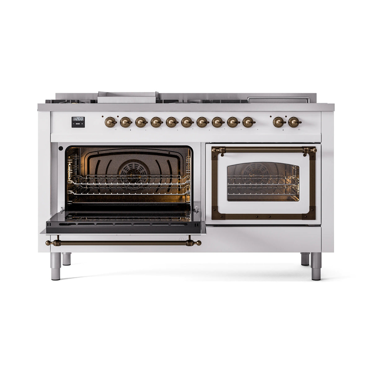 White dual-fuel range with both oven doors open, showing racks and burners