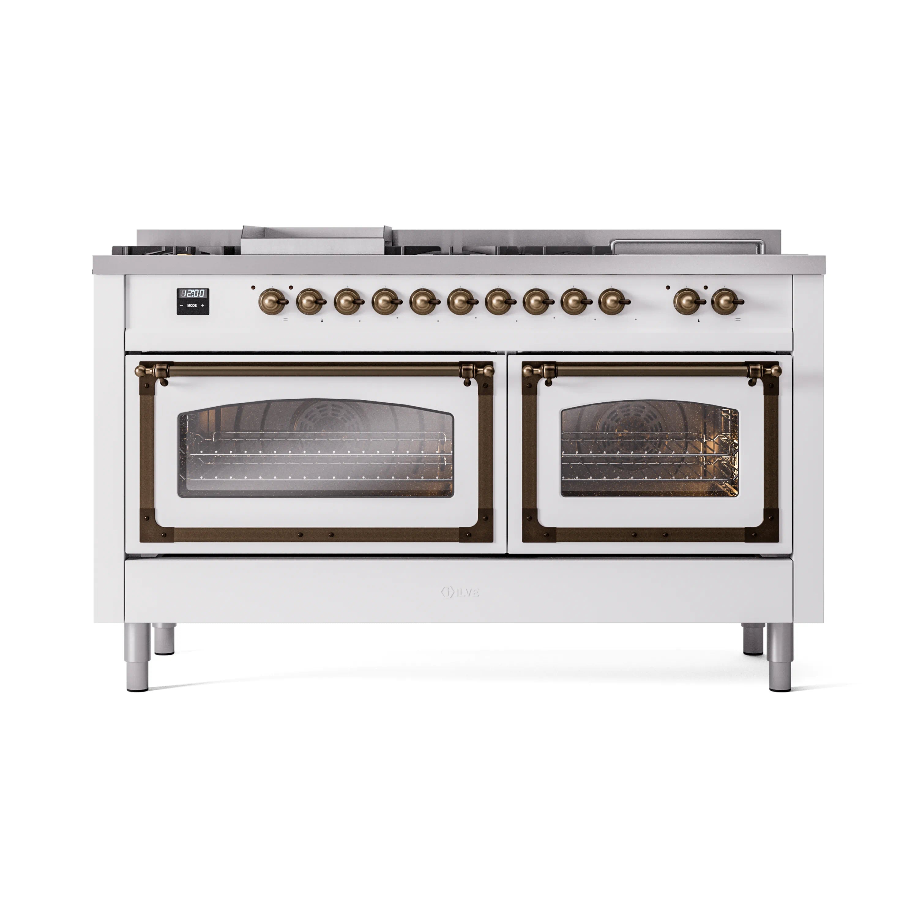 White gas dual fuel range front view with bronze knobs and dual oven windows