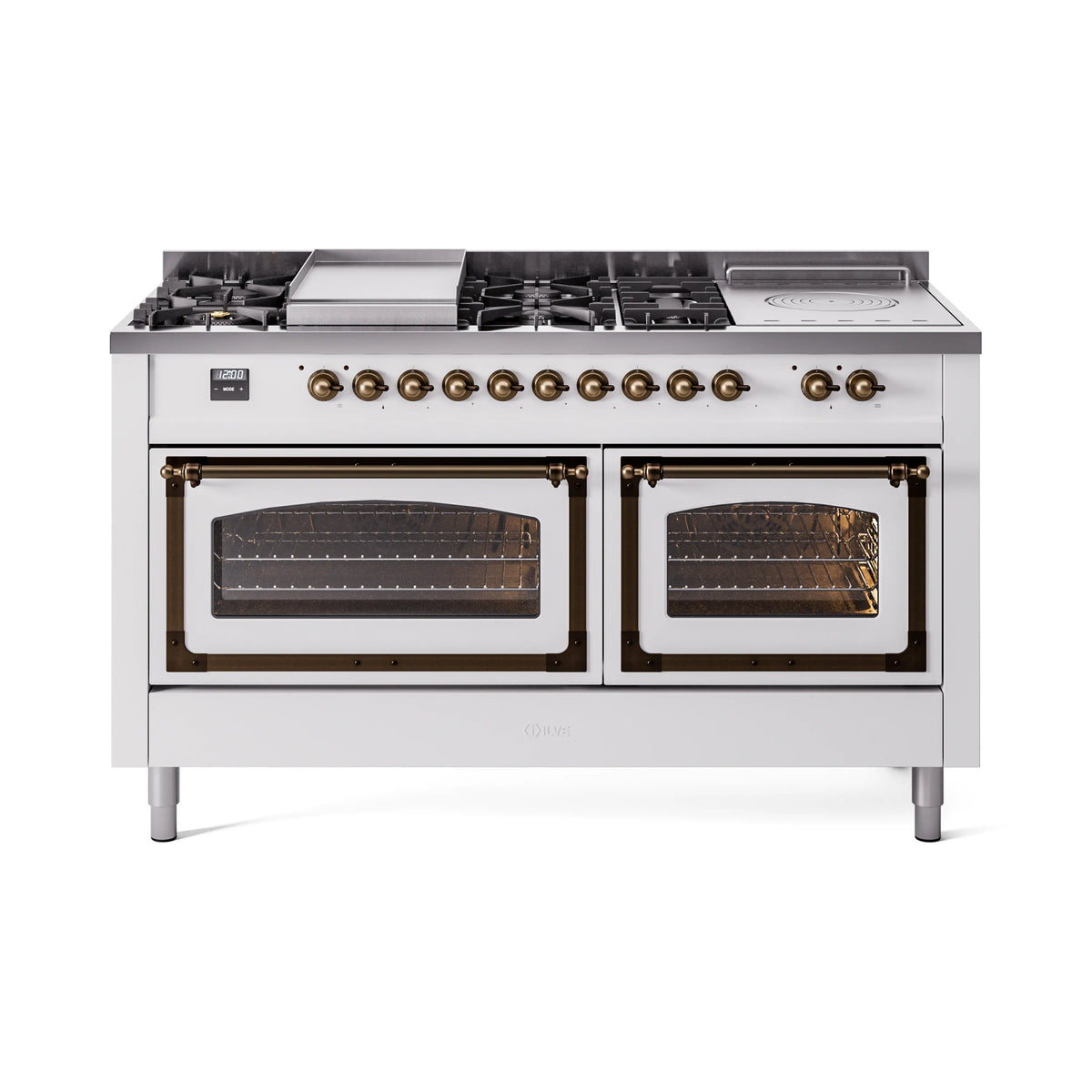 White dual-fuel range with griddle and burners above, two oven doors closed