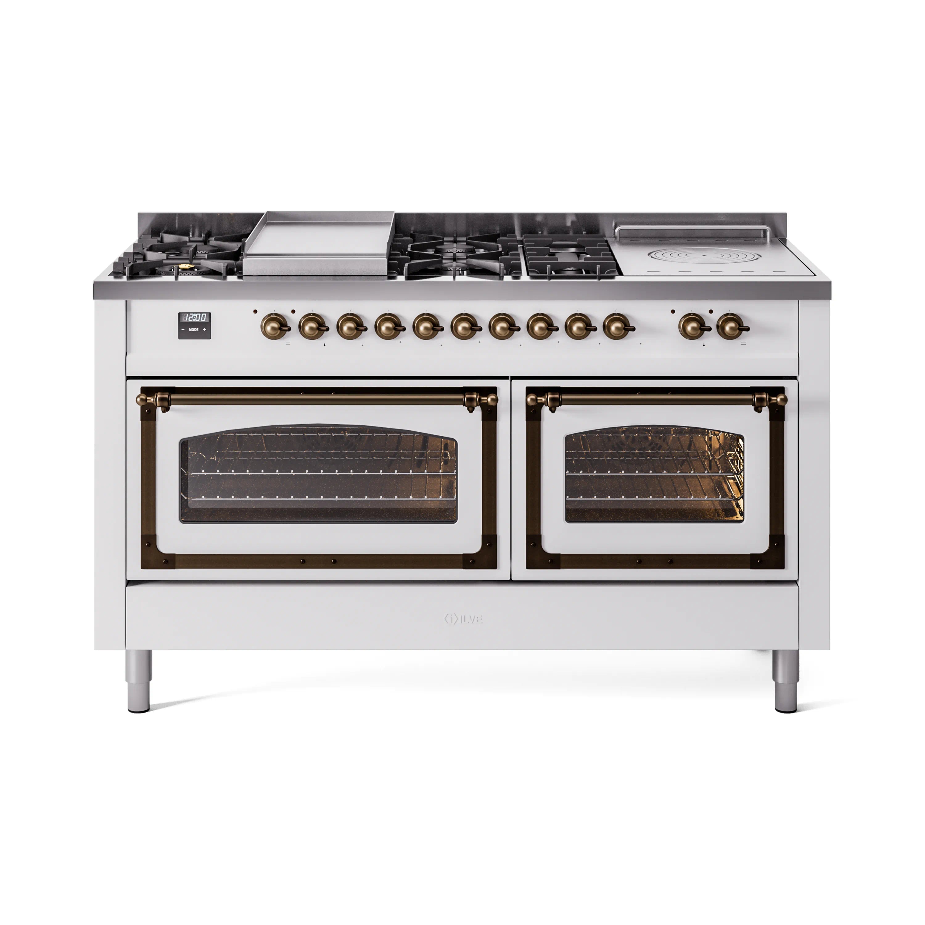 White gas dual fuel range with bronze knobs and two glass oven doors