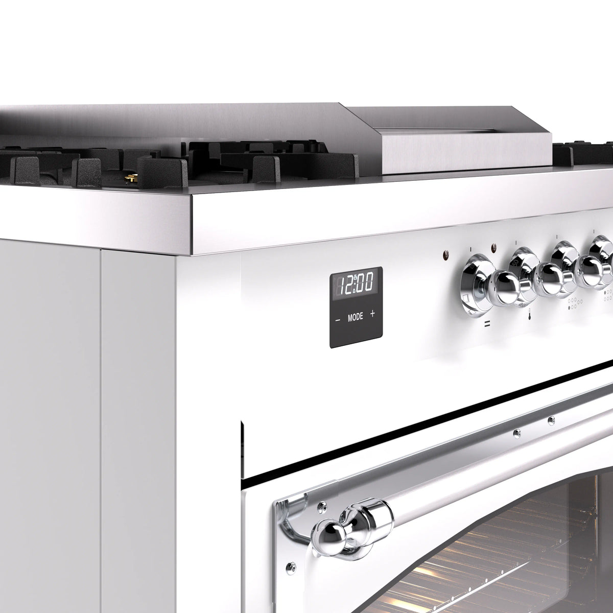 ILVE dual fuel gas range front control panel with chrome knobs and oven door