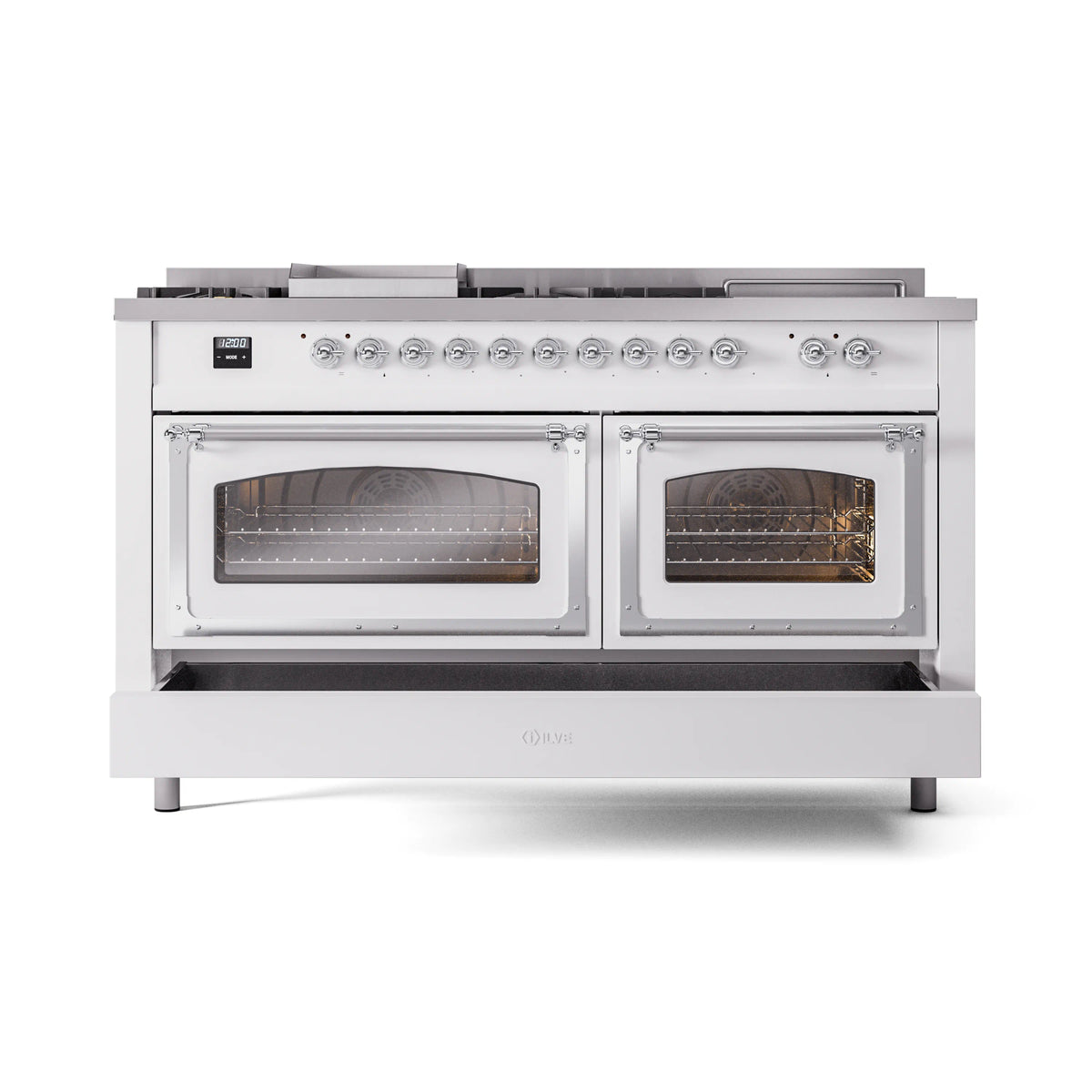 ILVE dual fuel gas range with two viewing windows and chrome-trimmed white doors