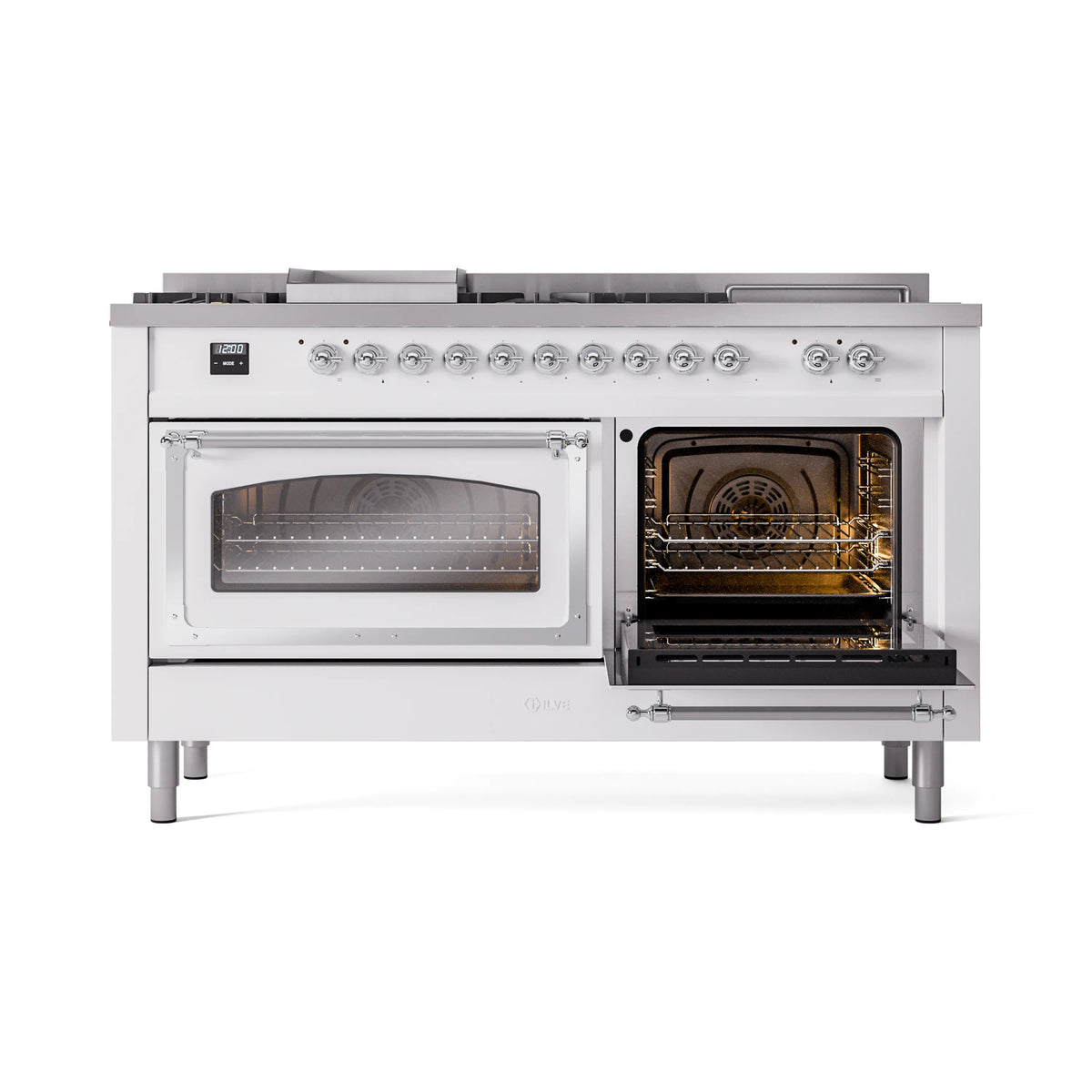 White dual fuel range with left oven door open and right door closed, interior visible