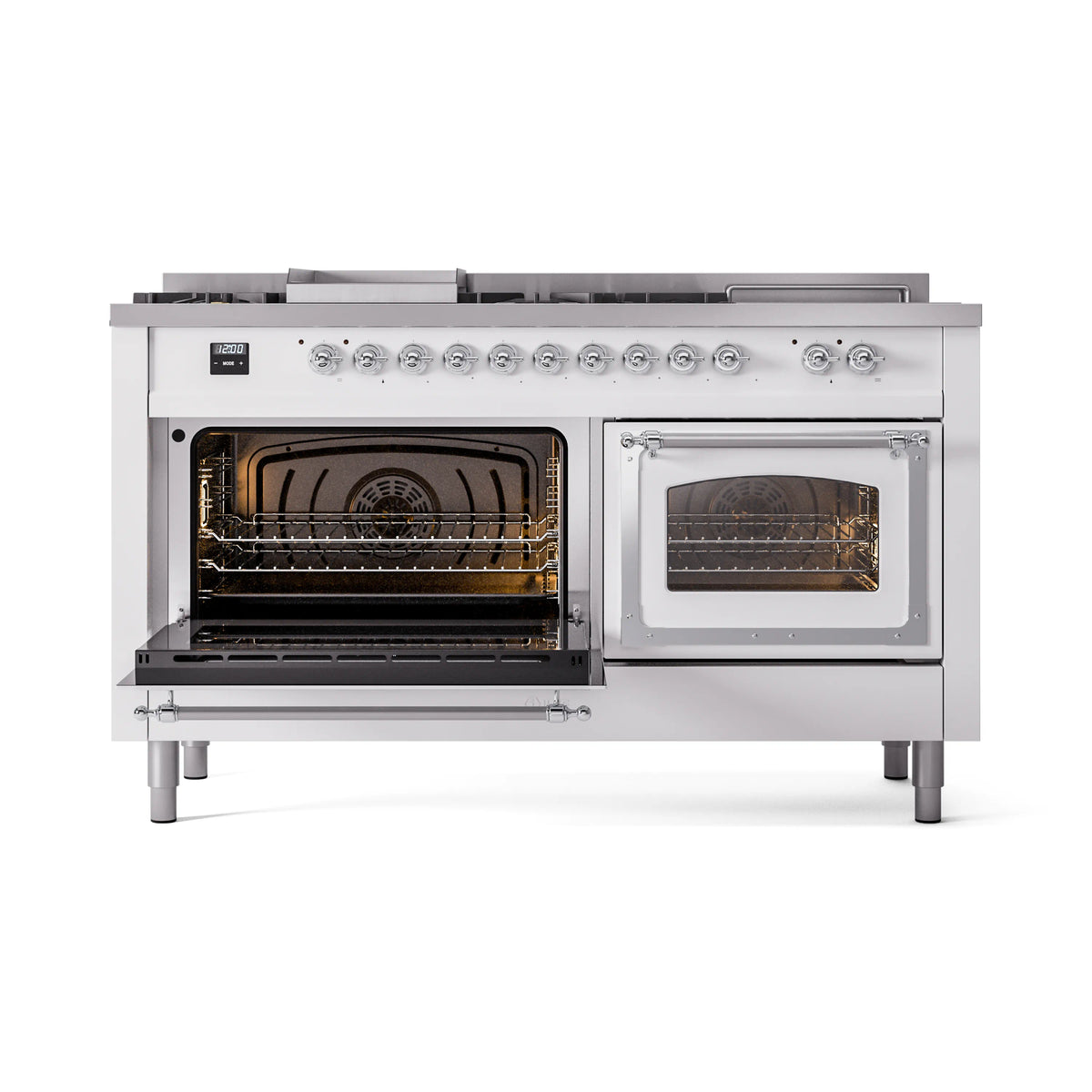 ILVE dual fuel gas range with both ovens open, chrome racks and heating elements