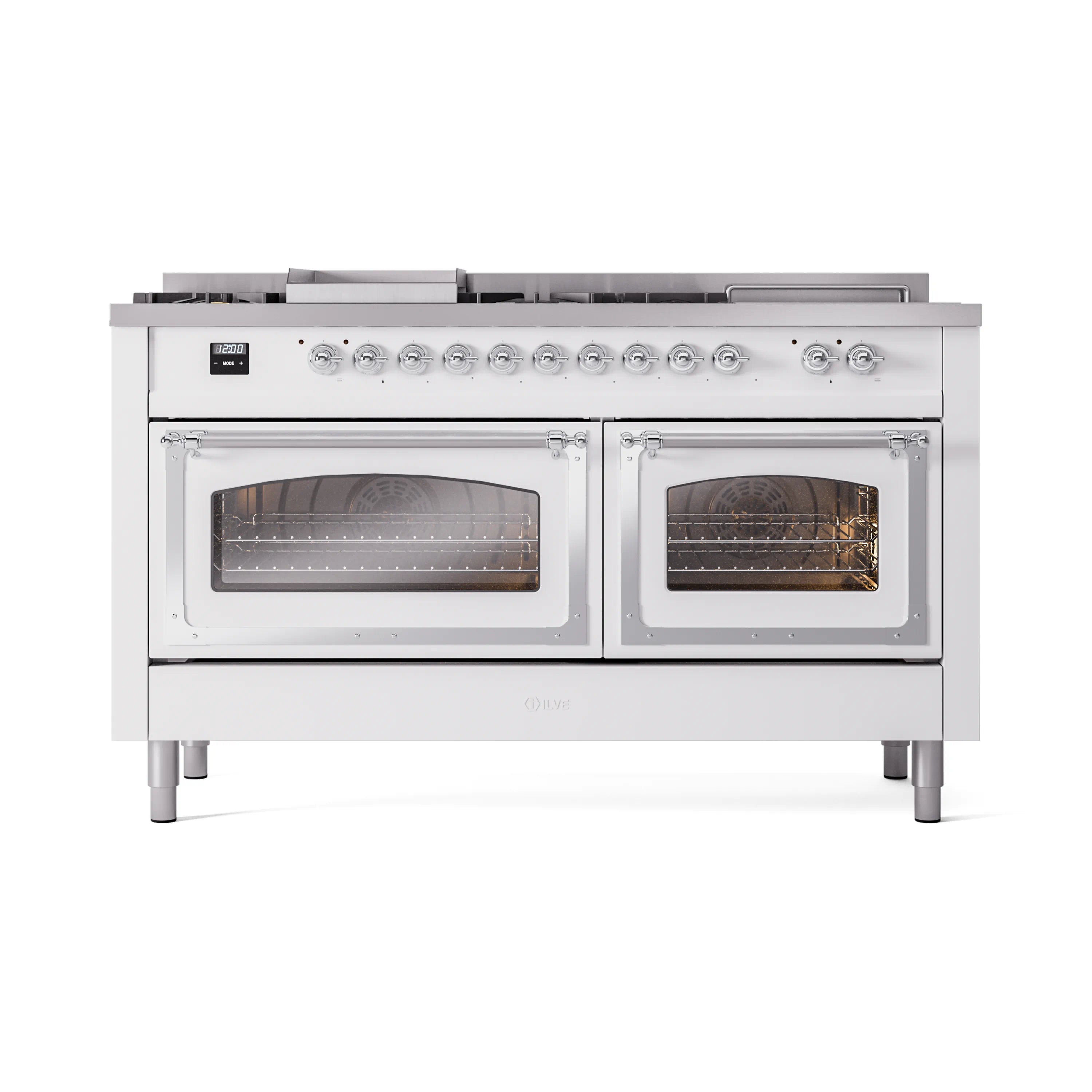 ILVE dual fuel gas range with two oven doors closed, glass windows and chrome trim