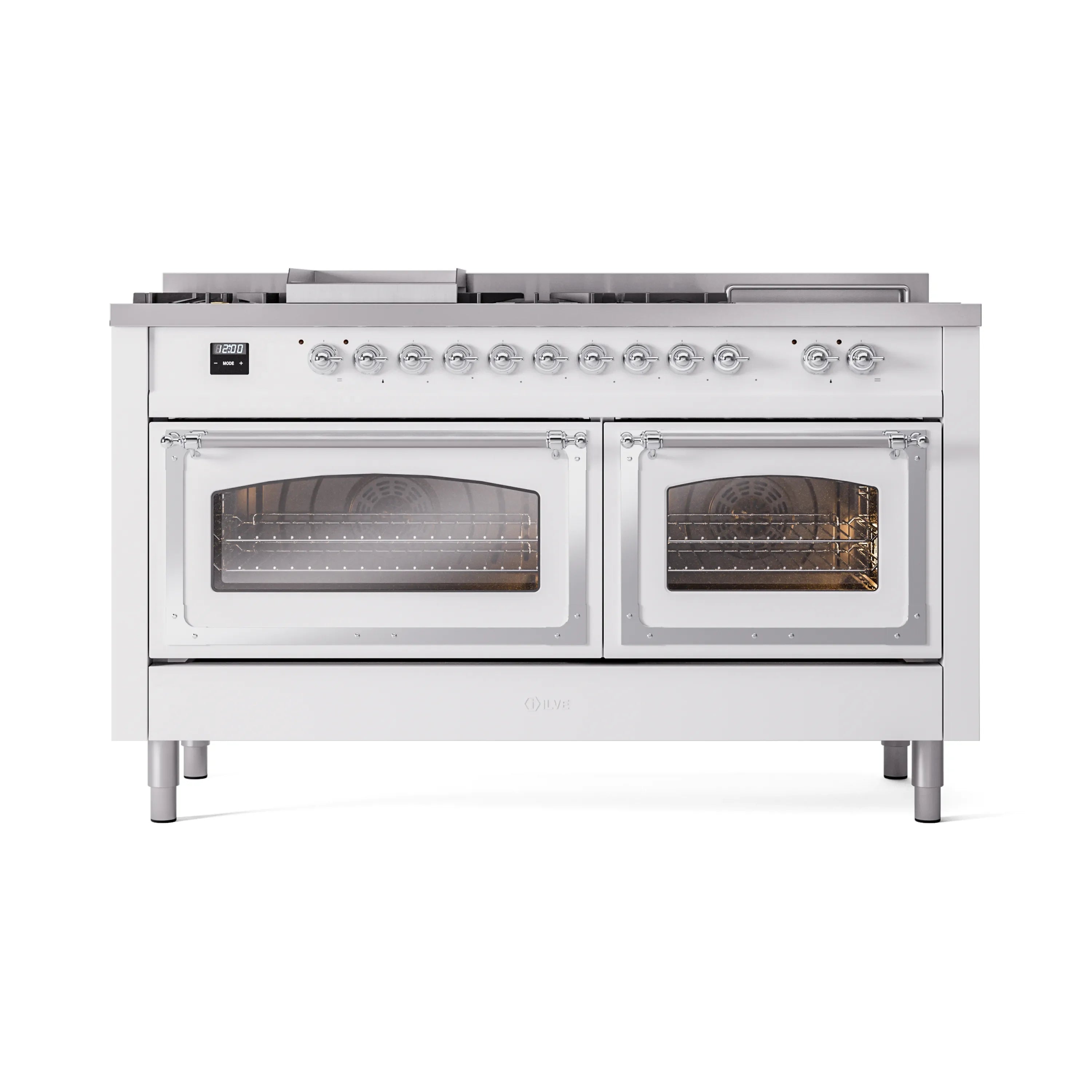 White dual fuel range with two oven doors open, showing oven racks and burner grates