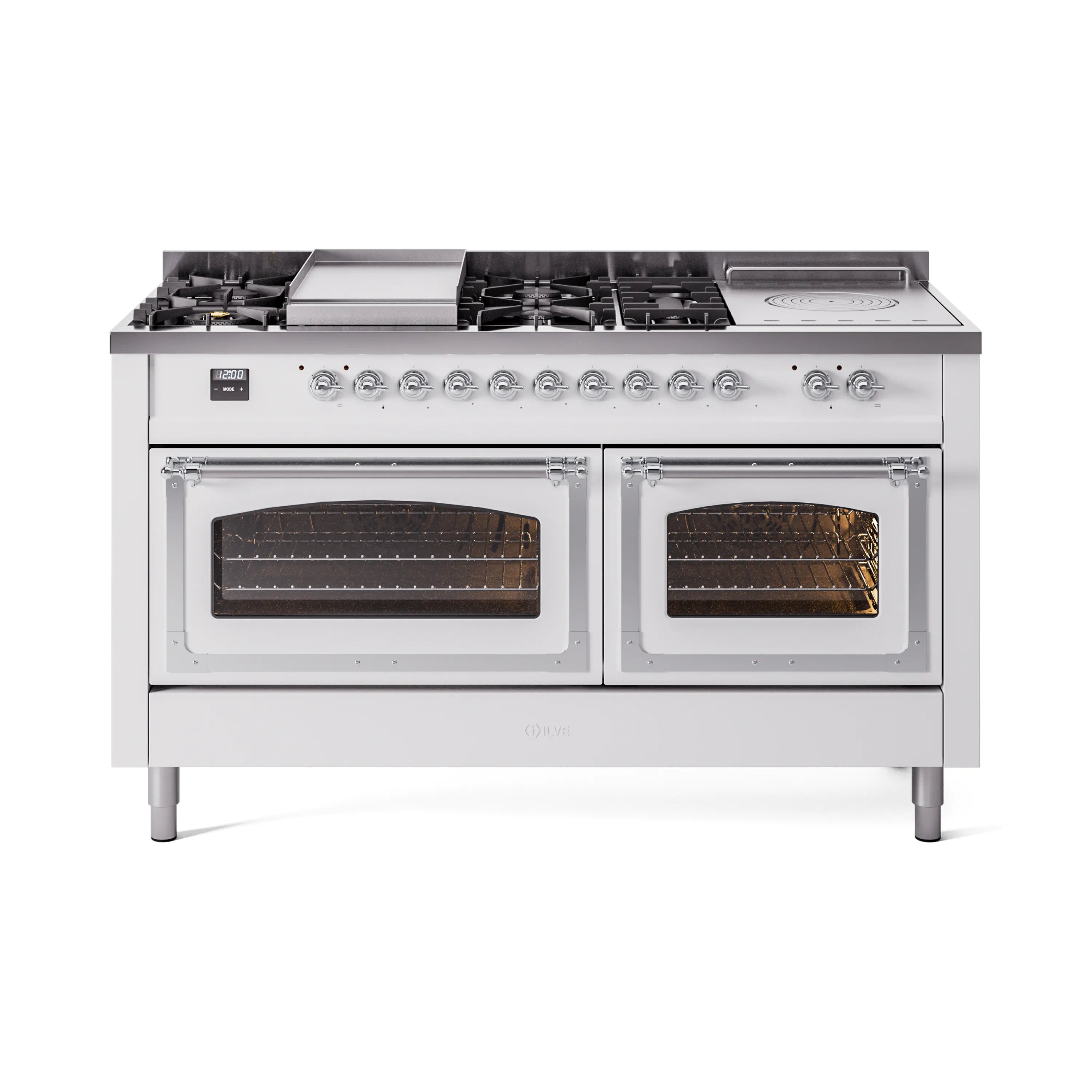 White dual fuel range with two closed oven doors and chrome-trim control panel