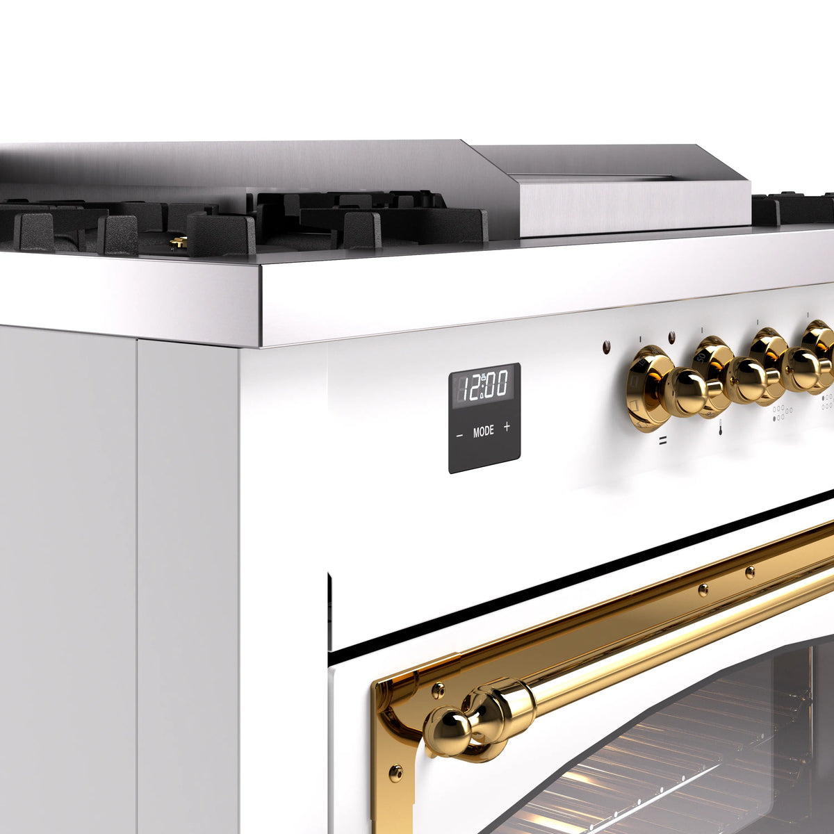 White dual fuel range control panel with brass knobs and digital display