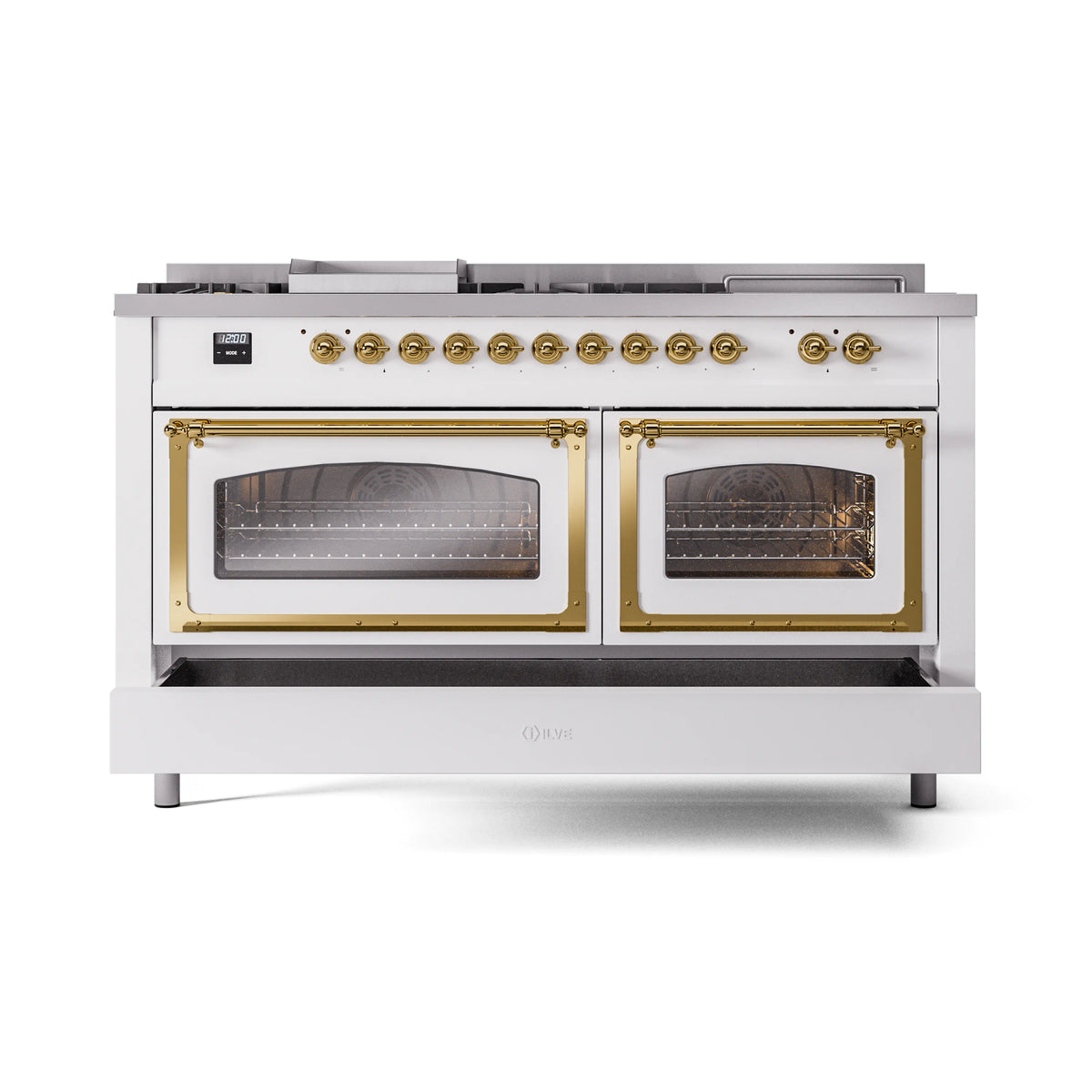 White dual-fuel range with brass-trim double oven doors and cooktop burners