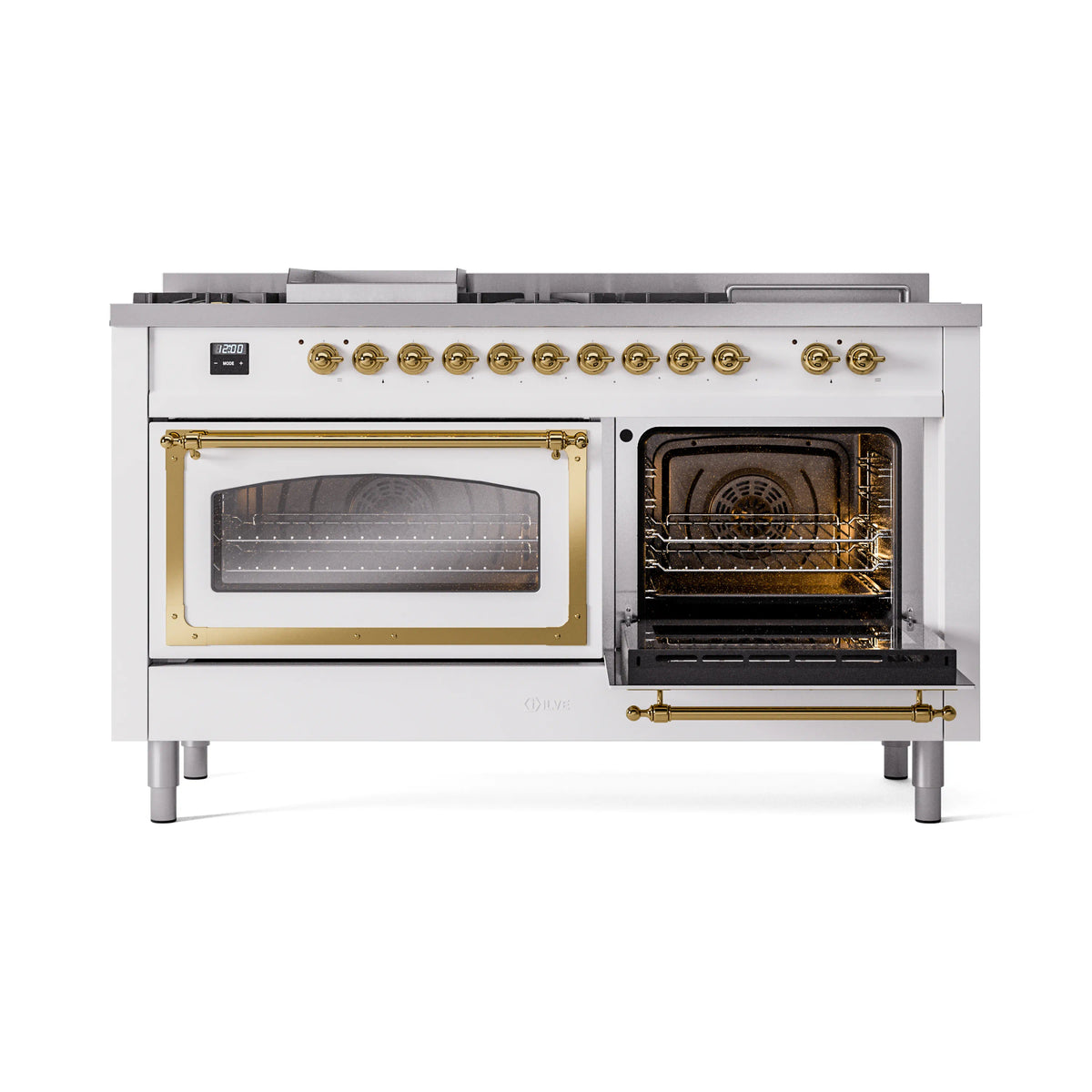 White range with brass-trimmed oven doors open; upper and lower oven interiors visible
