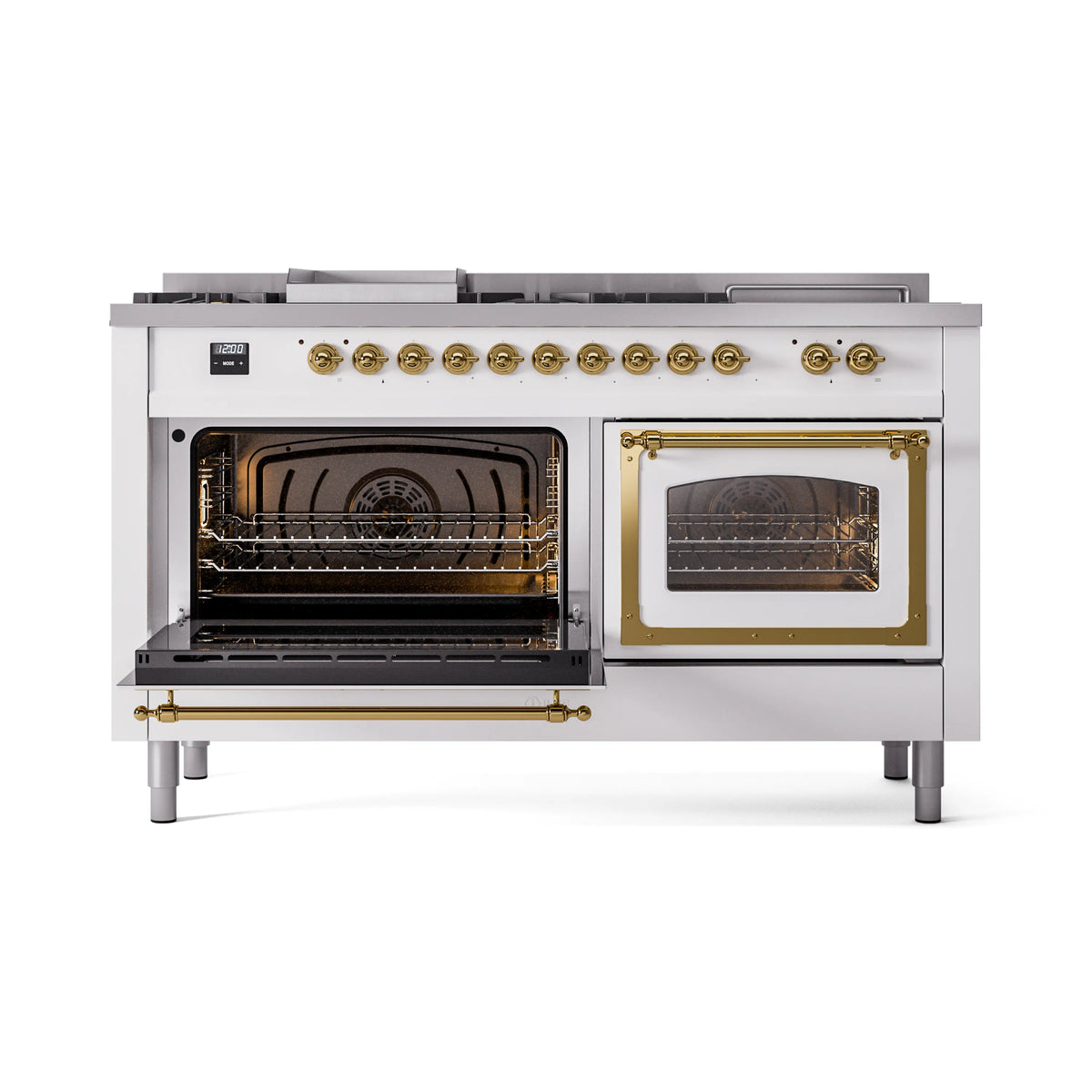 White dual fuel range front view with left oven open and right brass-trimmed oven door closed