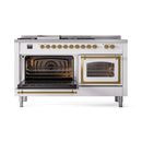 ILVE 60-Inch Nostalgie II Noblesse Natural Gas Dual Fuel Range with 7 Sealed Burners, Griddle, French Top, and Triple Glass Door Oven in White with Brass Trim (UN60FSNMPWHG)